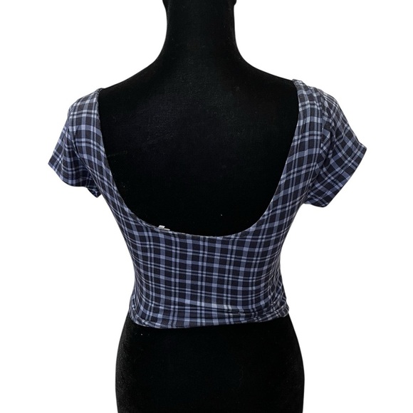 y2k navy blue & white plaid gingham milkmaid crop top - Picture 2 of 8